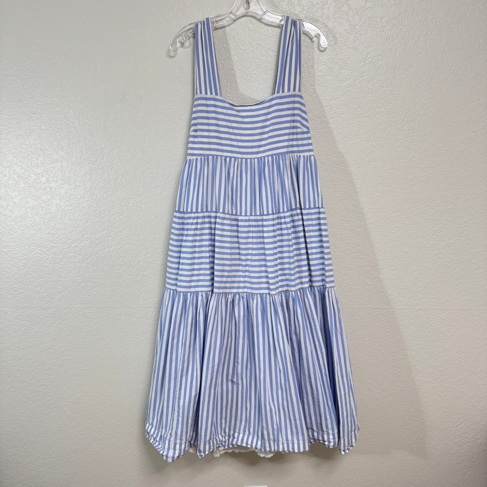 Anthropologie Dress Womens XL Blue White Striped Tiered Cotton Pockets Midi
